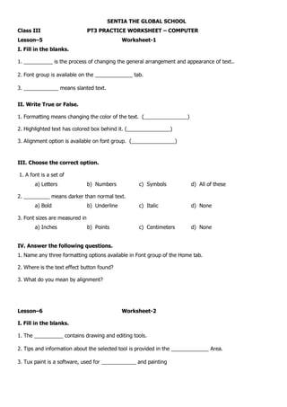 Class III PT3 Computer Formatting and Tux Paint Worksheets | PDF