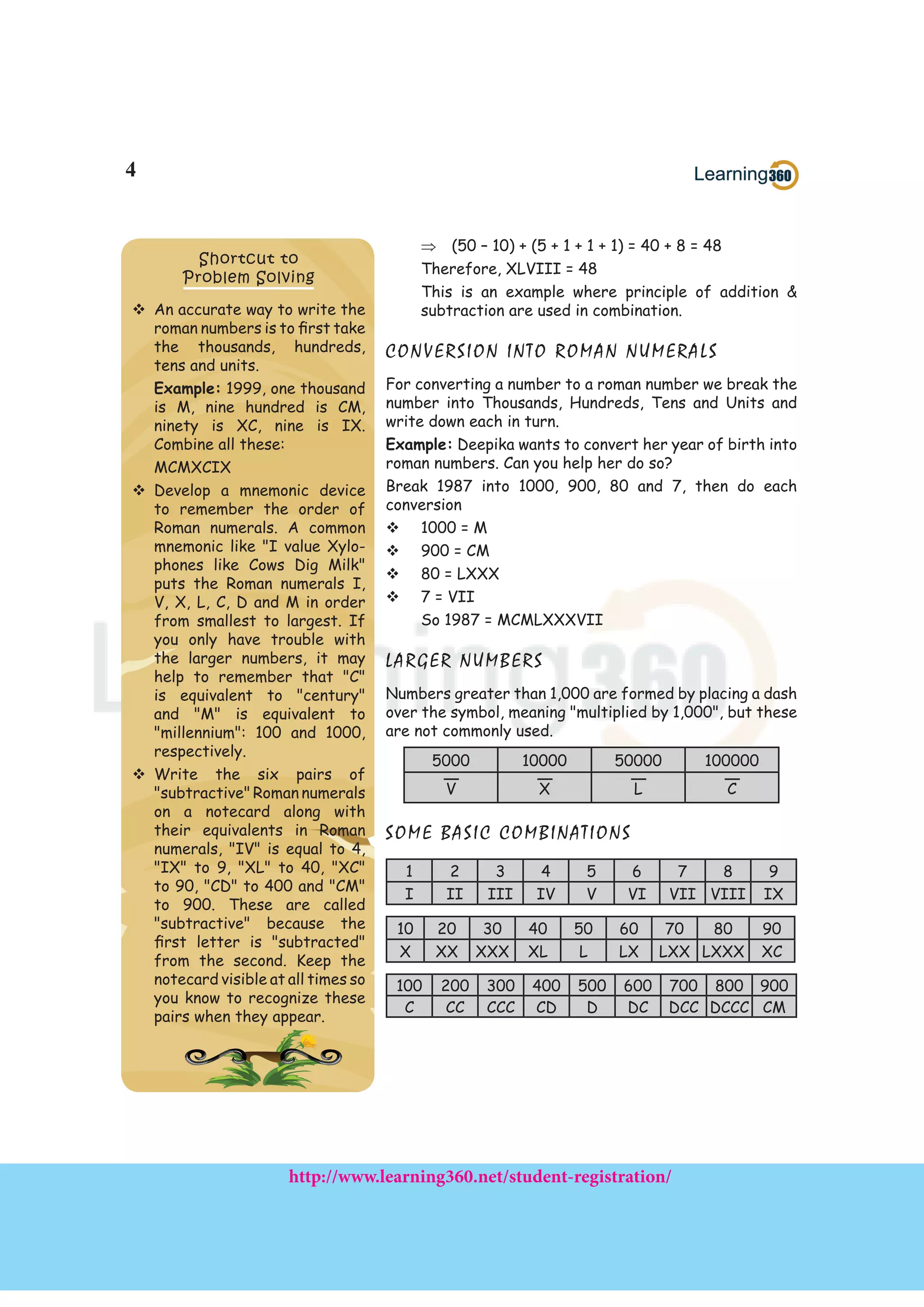 Maths Concept Notes for Class 4 - Roman Numerals. | PDF