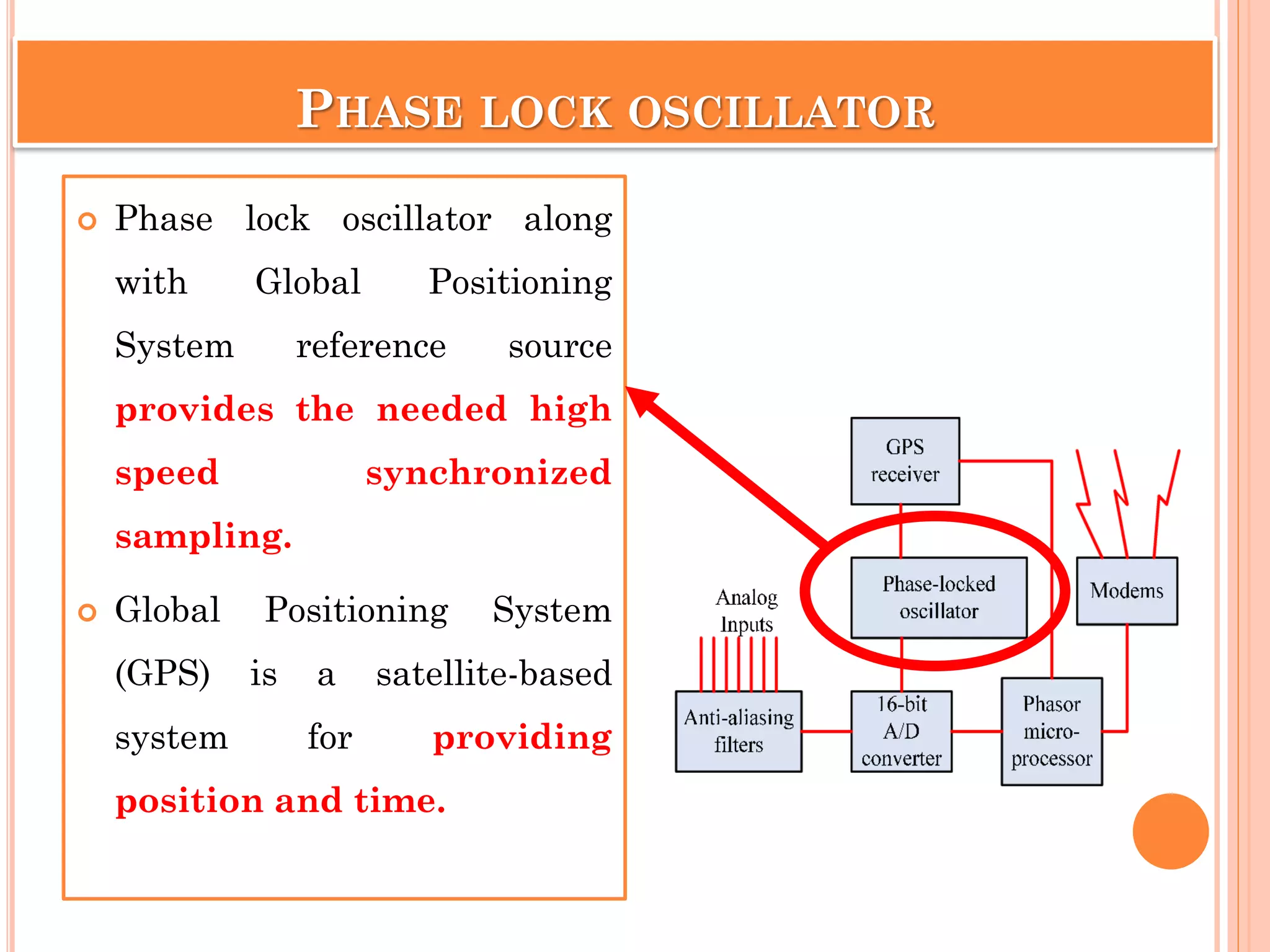 PHASE LOCK OSCILLATOR
 Phase lock oscillator along
with Global Positioning
System reference source
provides the needed high
speed synchronized
sampling.
 Global Positioning System
(GPS) is a satellite-based
system for providing
position and time.
 