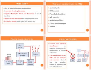 WHY PMU?
 PMU an essential component of Smart Grids.
 It provides Synchrophasor data
 Reports Magnitude, Phase and Frequency of an AC
waveform
 Makes the grid observable due to high reporting rates
 Preventive actions can be taken such as black outs
THE MAIN COMPONENTS OF PMU
 Analog Inputs
 GPS receiver
 Phase locked oscillator
 A/D converter
 Anti-aliasing filters
 Phasor micro-processor
 Modem
BLOCK DIAGRAM OF PMU ANALOG INPUTS
 Current and potential
transformers are
employed at substation for
measurement of voltage
and current.
 The analog inputs to the
PMU are the voltages
and currents obtained
from the secondary
winding of potential and
current transformers.
 
