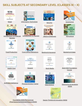 SKILL SUBJECTS AT SECONDARY LEVEL (CLASSES IX – X)
Retail Information Technology
Security
Automotive
Introduction To Financial
Markets
Introduction To Tourism Beauty & Wellness Agriculture
Food Production Front Office Operations Banking & Insurance Marketing & Sales
Health Care Apparel Multi Media Multi Skill Foundation
Course
Artificial Intelligence
Physical Activity Trainer
Data Science Electronics & Hardware
(NEW)
Design Thinking & Innovation (NEW)
Foundation Skills For Sciences
(Pharmaceutical & Biotechnology)(NEW)
 