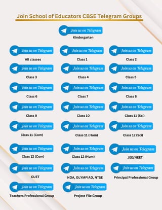 Join School of Educators CBSE Telegram Groups
Kindergarten
All classes Class 1 Class 2
Class 3 Class 4 Class 5
Class 6 Class 7 Class 8
Class 9 Class 10 Class 11 (Sci)
Class 11 (Com) Class 11 (Hum) Class 12 (Sci)
Class 12 (Com) Class 12 (Hum) JEE/NEET
CUET NDA, OLYMPIAD, NTSE Principal Professional Group
Teachers Professional Group Project File Group
 