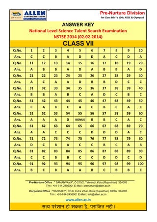 Pre-Nurture Division
For Class 6th To 10th, NTSE & Olympiad

ANSWER KEY
National Level Science Talent Search Examination
NSTSE 2014 (02.02.2014)

CLASS VII
Q.No.

1

2

3

4

5

6

7

8

9

10

Ans.

C

C

B

A

D

D

A

C

D

A

Q.No.

11

12

13

14

15

16

17

18

19

20

Ans.

A

B

B

A

D

A

B

B

A

D

Q.No.

21

22

23

24

25

26

27

28

29

30

Ans.

A

C

A

A

D

B

B

D

C

C

Q.No.

31

32

33

34

35

36

37

38

39

40

Ans.

B

B

A

B

C

A

D

C

B

C

Q.No.

41

42

43

44

45

46

47

48

49

50

Ans.

C

A

B

C

A

C

B

C

A

C

Q.No.

51

52

53

54

55

56

57

58

59

60

Ans.

A

A

A

D

BONUS

B

B

C

A

C

Q.No.

61

62

63

64

65

66

67

68

69

70

Ans.

A

A

C

C

C

D

D

D

A

C

Q.No.

71

72

73

74

75

76

77

78

79

80

Ans.

D

C

B

A

C

C

B

C

A

B

Q.No.

81

82

83

84

85

86

87

88

89

90

Ans.

C

C

B

B

C

C

D

D

C

D

Q.No.

91

92

93

94

95

96

97

98

99

100

Ans.

B

C

B

A

A

B

C

B

B

C

Pre-Nurture Office : " SAMANVAYA", C-210/2, Talwandi, Kota (Rajasthan) 324005
Trin : +91-744-2405004 E-Mail : prenurture@allen.ac.in
Corporate Office : "SANKALP", CP-6, Indra Vihar, Kota (Rajasthan) INDIA 324005
Trin : +91-744-2436001 E-Mail : info@allen.ac.in

www.allen.ac.in

 