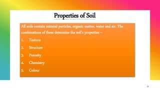 Properties of Soil
All soils contain mineral particles, organic matter, water and air. The
combinations of these determine the soil’s properties –
1. Texture
2. Structure
3. Porosity
4. Chemistry
5. Colour
11
 
