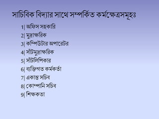 সাচিচিক চিদ্যার সালেসম্পচকি ত কর্িলেত্রসর্ূহঃ
1| অচফস সহকাচর
2| র্ুদ্রােচরক
3| কচম্পউটার অপালরটর
4| সাাঁ টর্ুদ্রােচরক
5| সাাঁ টচ চপকার
6| িযচিগতকর্িকতি া
7| একান্ত সচিি
8| শকাম্পাচন সচিি
9| চিেকতা
 