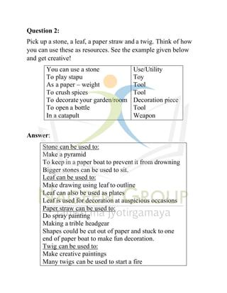 Stone can be used to:
Make a pyramid
To keep in a paper boat to prevent it from drowning
Bigger stones can be used to sit.
Leaf can be used to:
Make drawing using leaf to outline
Leaf can also be used as plates
Leaf is used for decoration at auspicious occasions
Paper straw can be used to:
Do spray painting
Making a trible headgear
Shapes could be cut out of paper and stuck to one
end of paper boat to make fun decoration.
Twig can be used to:
Make creative paintings
Many twigs can be used to start a fire
Question 2:
Pick up a stone, a leaf, a paper straw and a twig. Think of how
you can use these as resources. See the example given below
and get creative!
You can use a stone Use/Utility
To play stapu Toy
As a paper – weight Tool
To crush spices Tool
To decorate your garden/room Decoration piece
To open a bottle Tool
In a catapult Weapon
Answer:
 