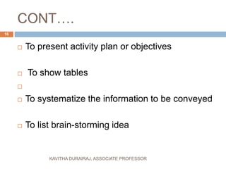 CONT….
 To present activity plan or objectives
 To show tables

 To systematize the information to be conveyed
 To list brain-storming idea
16
KAVITHA DURAIRAJ, ASSOCIATE PROFESSOR
 