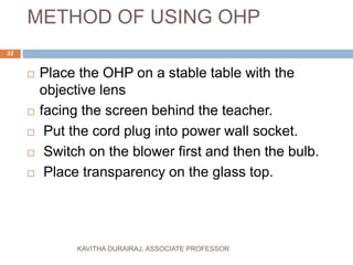 METHOD OF USING OHP
 Place the OHP on a stable table with the
objective lens
 facing the screen behind the teacher.
 Put the cord plug into power wall socket.
 Switch on the blower first and then the bulb.
 Place transparency on the glass top.
32
KAVITHA DURAIRAJ, ASSOCIATE PROFESSOR
 