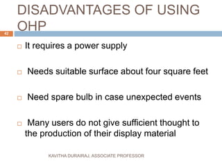 DISADVANTAGES OF USING
OHP
 It requires a power supply
 Needs suitable surface about four square feet
 Need spare bulb in case unexpected events
 Many users do not give sufficient thought to
the production of their display material
42
KAVITHA DURAIRAJ, ASSOCIATE PROFESSOR
 