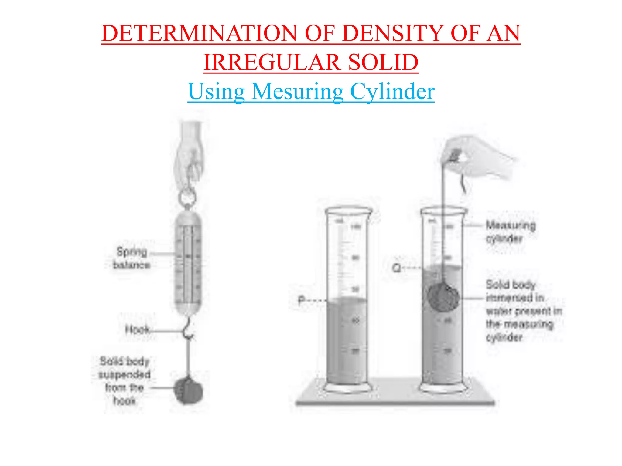 DETERMINATION OF DENSITY OF AN
IRREGULAR SOLID
Using Mesuring Cylinder
 