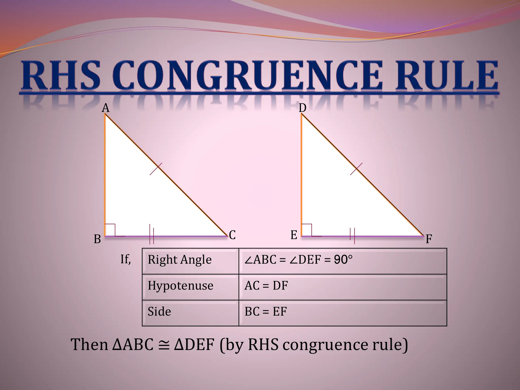 If, Right Angle ∠ABC = ∠DEF = 90°
Hypotenuse AC = DF
Side BC = EF
A
B C
D
E F
Then ∆ABC ≅ ∆DEF (by RHS congruence rule)
 