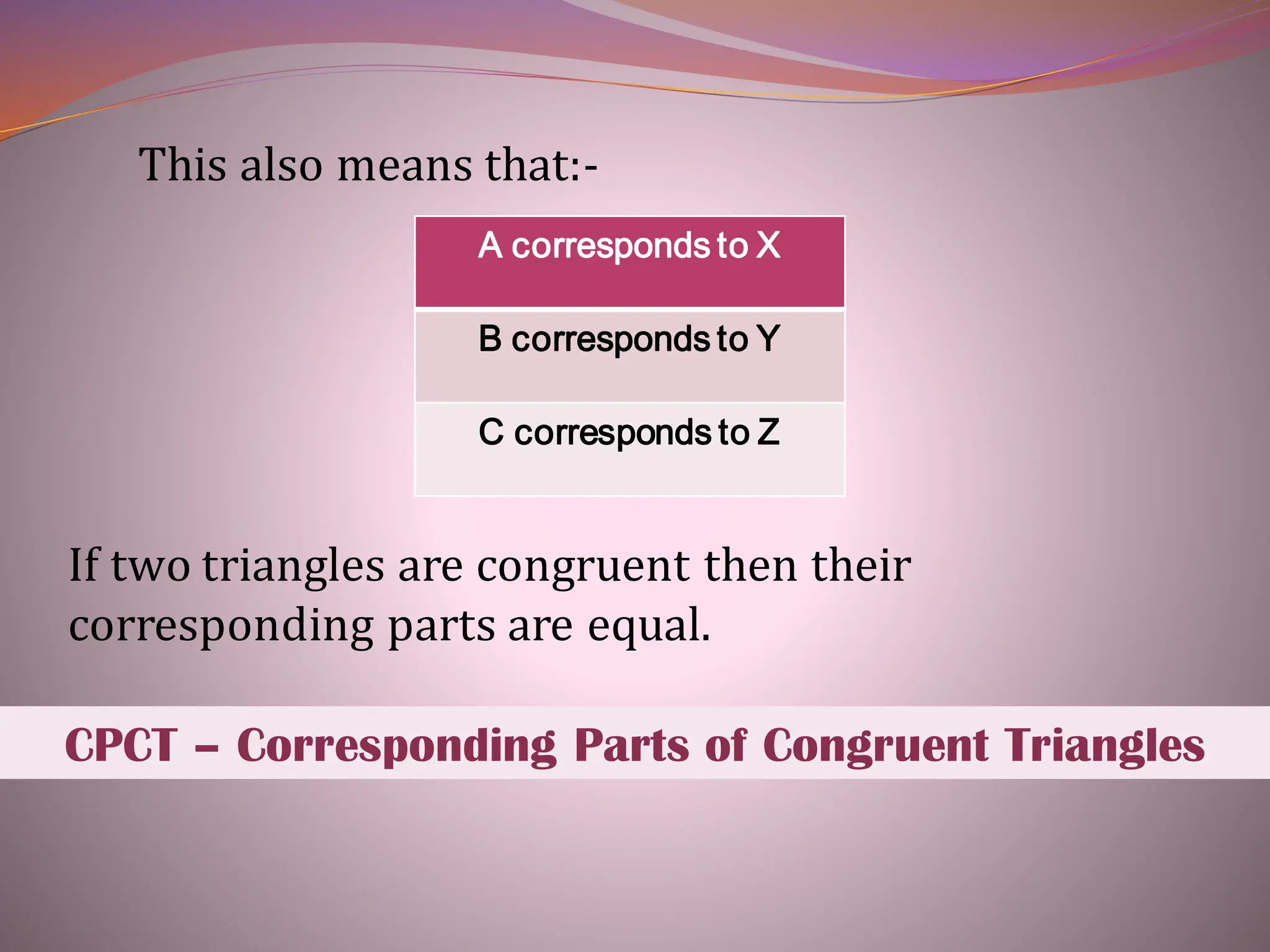 This also means that:-
A corresponds to X
B corresponds to Y
C corresponds to Z
If two triangles are congruent then their
corresponding parts are equal.
CPCT – Corresponding Parts of Congruent Triangles
 