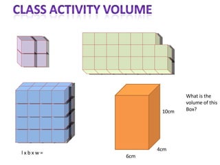 l x b x w =  What is the  volume of this Box? 6cm 4cm 10cm 