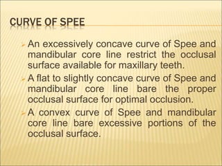 CURVE OF SPEE
 An excessively concave curve of Spee and
mandibular core line restrict the occlusal
surface available for maxillary teeth.
 A flat to slightly concave curve of Spee and
mandibular core line bare the proper
occlusal surface for optimal occlusion.
 A convex curve of Spee and mandibular
core line bare excessive portions of the
occlusal surface.
 