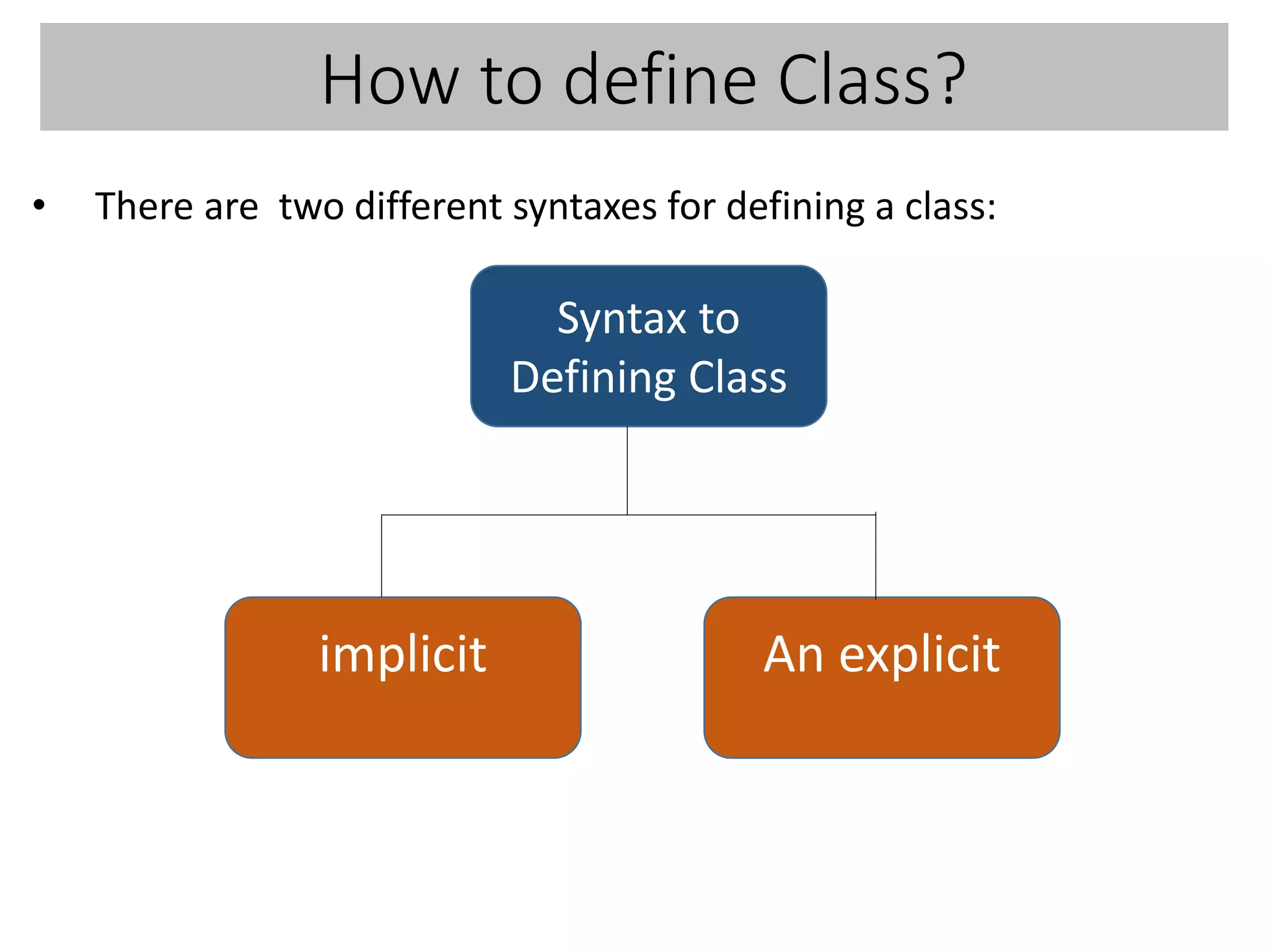 How to define Class?
• There are two different syntaxes for defining a class:
implicit An explicit
Syntax to
Defining Class
 