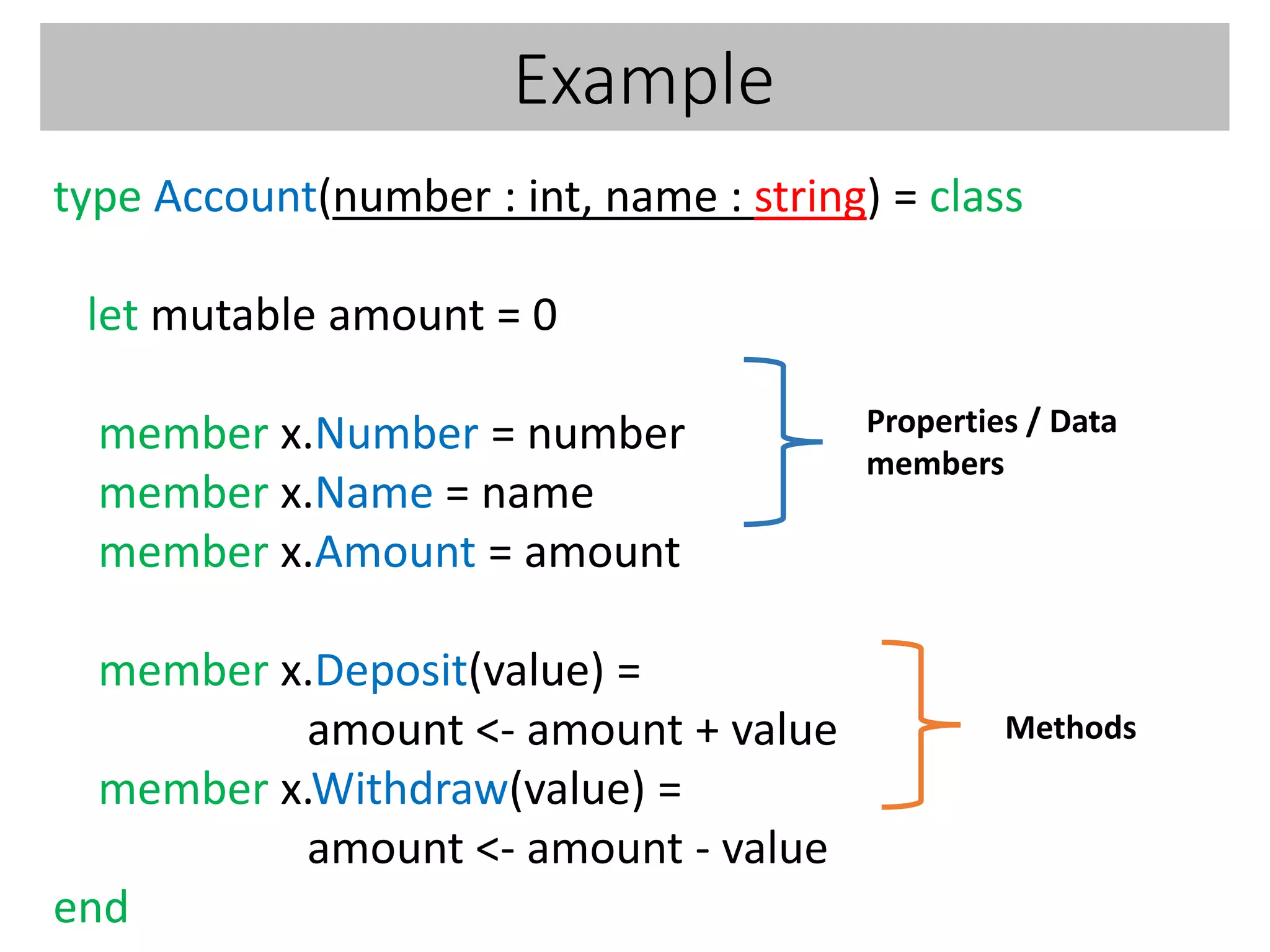 Example
type Account(number : int, name : string) = class
let mutable amount = 0
member x.Number = number
member x.Name = name
member x.Amount = amount
member x.Deposit(value) =
amount <- amount + value
member x.Withdraw(value) =
amount <- amount - value
end
Properties / Data
members
Methods
 