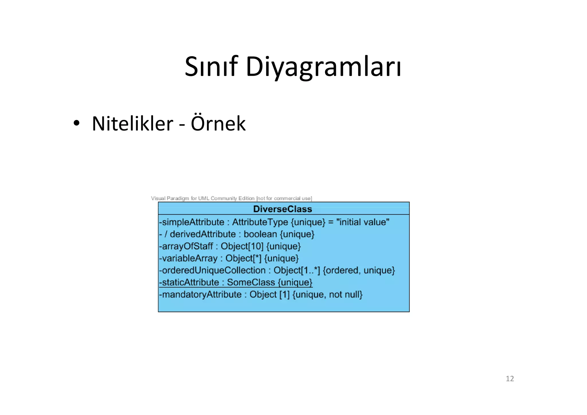 Sınıf Diyagramları
• Nitelikler - Örnek




                                 12
 