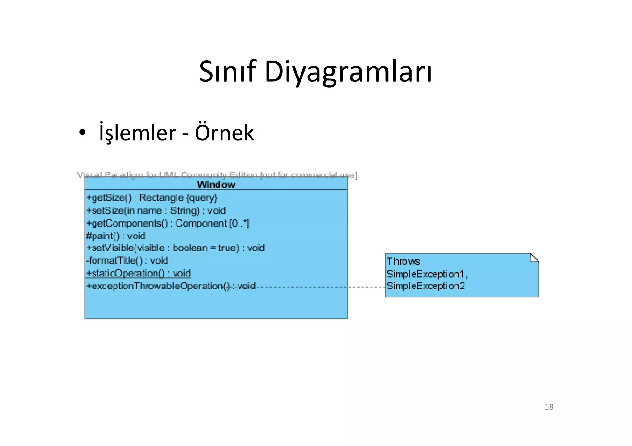 Sınıf Diyagramları
• İşlemler - Örnek




                                 18
 