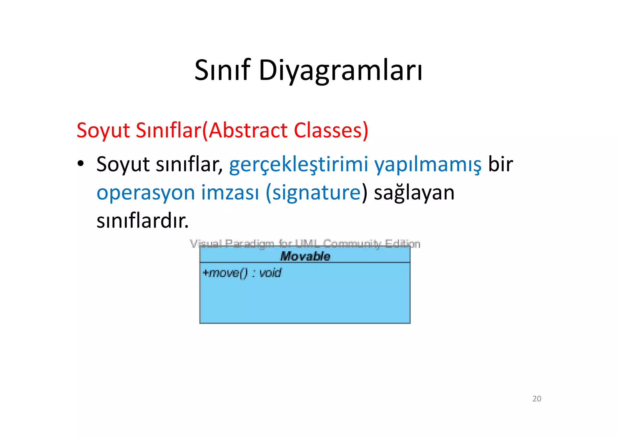Sınıf Diyagramları
Soyut Sınıflar(Abstract Classes)
• Soyut sınıflar, gerçekleştirimi yapılmamış bir
  operasyon imzası (signature) sağlayan
  sınıflardır.




                                                   20
 