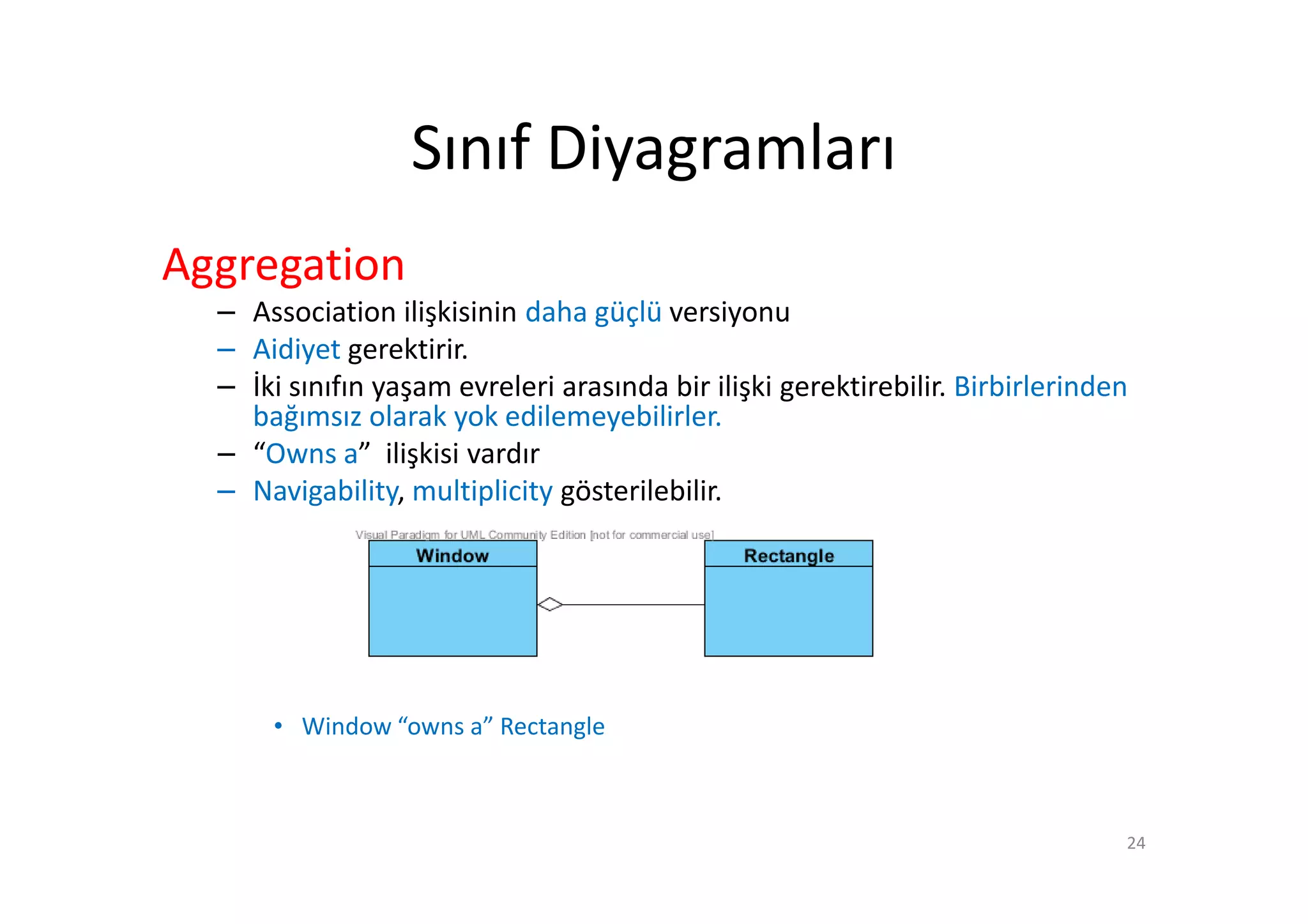 Sınıf Diyagramları
Aggregation
  – Association ilişkisinin daha güçlü versiyonu
  – Aidiyet gerektirir.
  – İki sınıfın yaşam evreleri arasında bir ilişki gerektirebilir. Birbirlerinden
    bağımsız olarak yok edilemeyebilirler.
  – “Owns a” ilişkisi vardır
  – Navigability, multiplicity gösterilebilir.




      • Window “owns a” Rectangle



                                                                                24
 