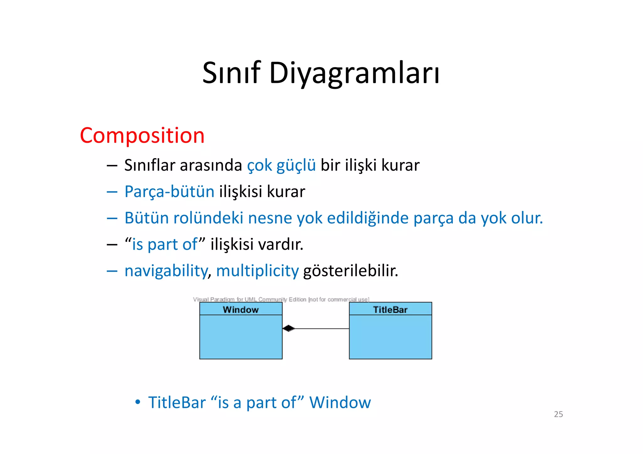 Sınıf Diyagramları
Composition
  –   Sınıflar arasında çok güçlü bir ilişki kurar
  –   Parça-bütün ilişkisi kurar
  –   Bütün rolündeki nesne yok edildiğinde parça da yok olur.
  –   “is part of” ilişkisi vardır.
  –   navigability, multiplicity gösterilebilir.




       • TitleBar “is a part of” Window                          25
 