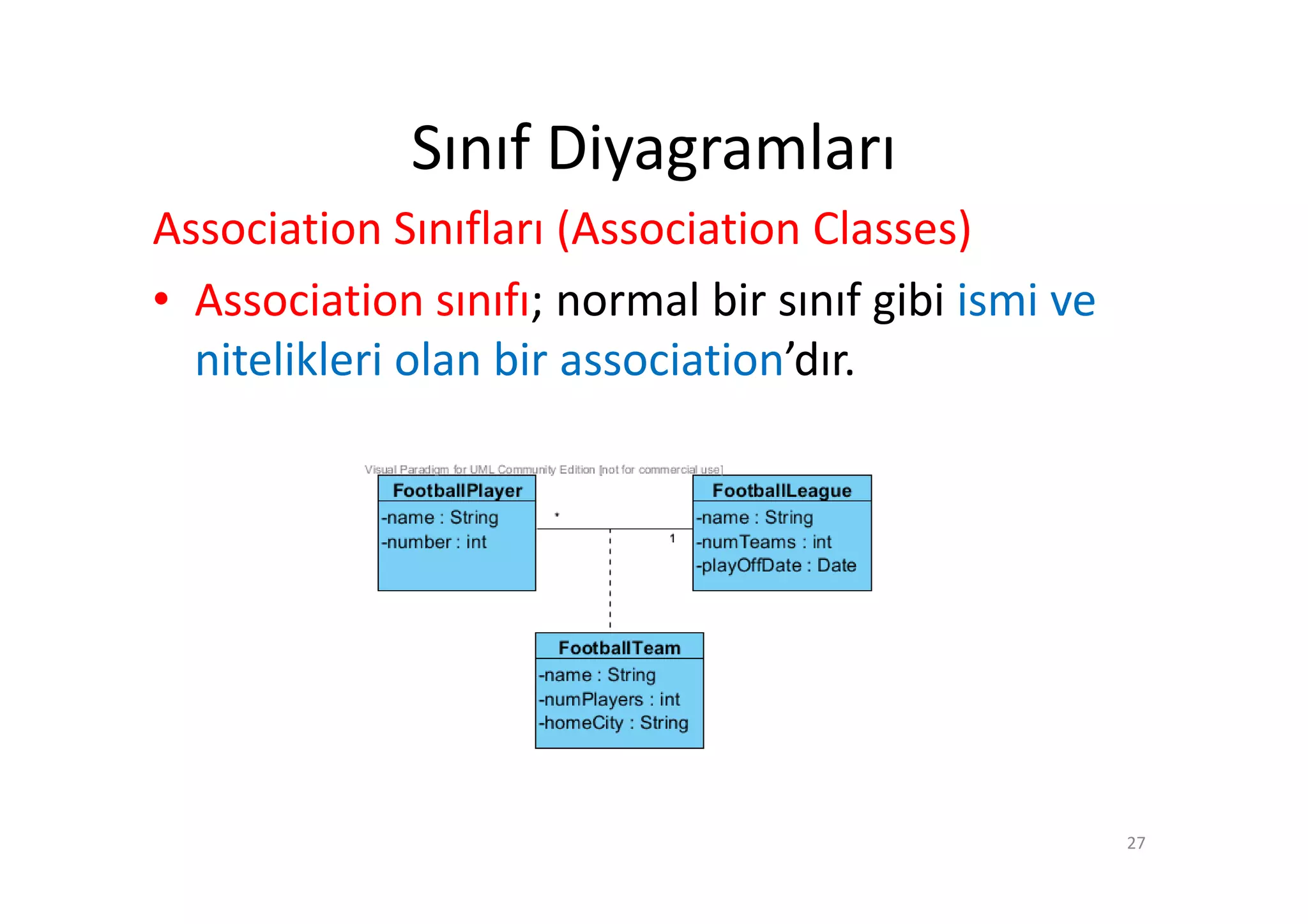 Sınıf Diyagramları
Association Sınıfları (Association Classes)
• Association sınıfı; normal bir sınıf gibi ismi ve
  nitelikleri olan bir association’dır.




                                                      27
 