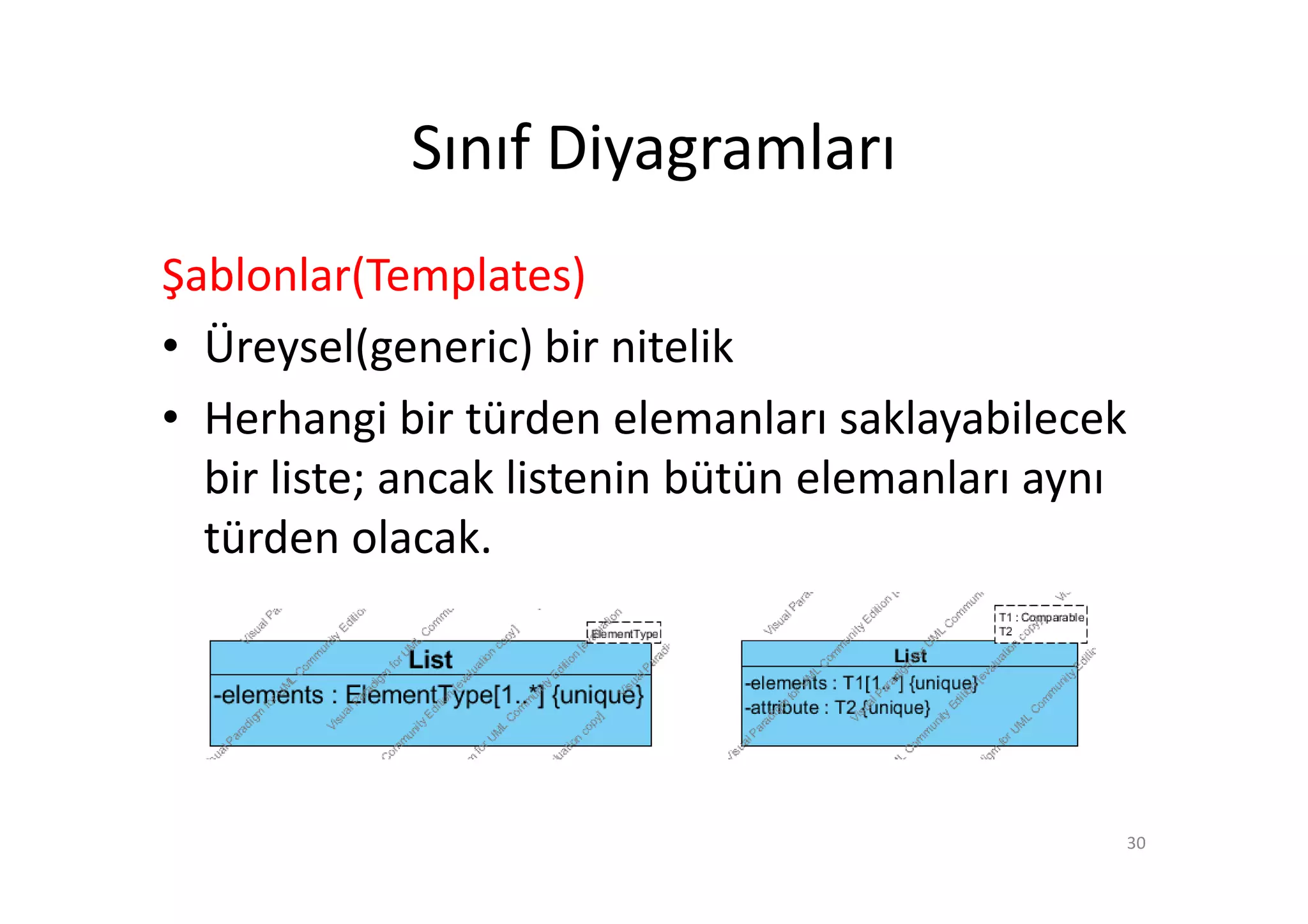 Sınıf Diyagramları
Şablonlar(Templates)
• Üreysel(generic) bir nitelik
• Herhangi bir türden elemanları saklayabilecek
  bir liste; ancak listenin bütün elemanları aynı
  türden olacak.




                                                30
 