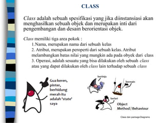 CLASS
Class adalah sebuah spesifikasi yang jika diinstansiasi akan
menghasilkan sebuah objek dan merupakan inti dari
pengembangan dan desain berorientasi objek.
Class memiliki tiga area pokok :
1.Nama, merupakan nama dari sebuah kelas
2. Atribut, merupakan peroperti dari sebuah kelas.Atribut
melambangkan batas nilai yang mungkin ada pada obyek dari class
3. Operasi, adalah sesuatu yang bisa dilakukan oleh sebuah class
atau yang dapat dilakukan oleh class lain terhadap sebuah class
Class dan packageDiagrams
 