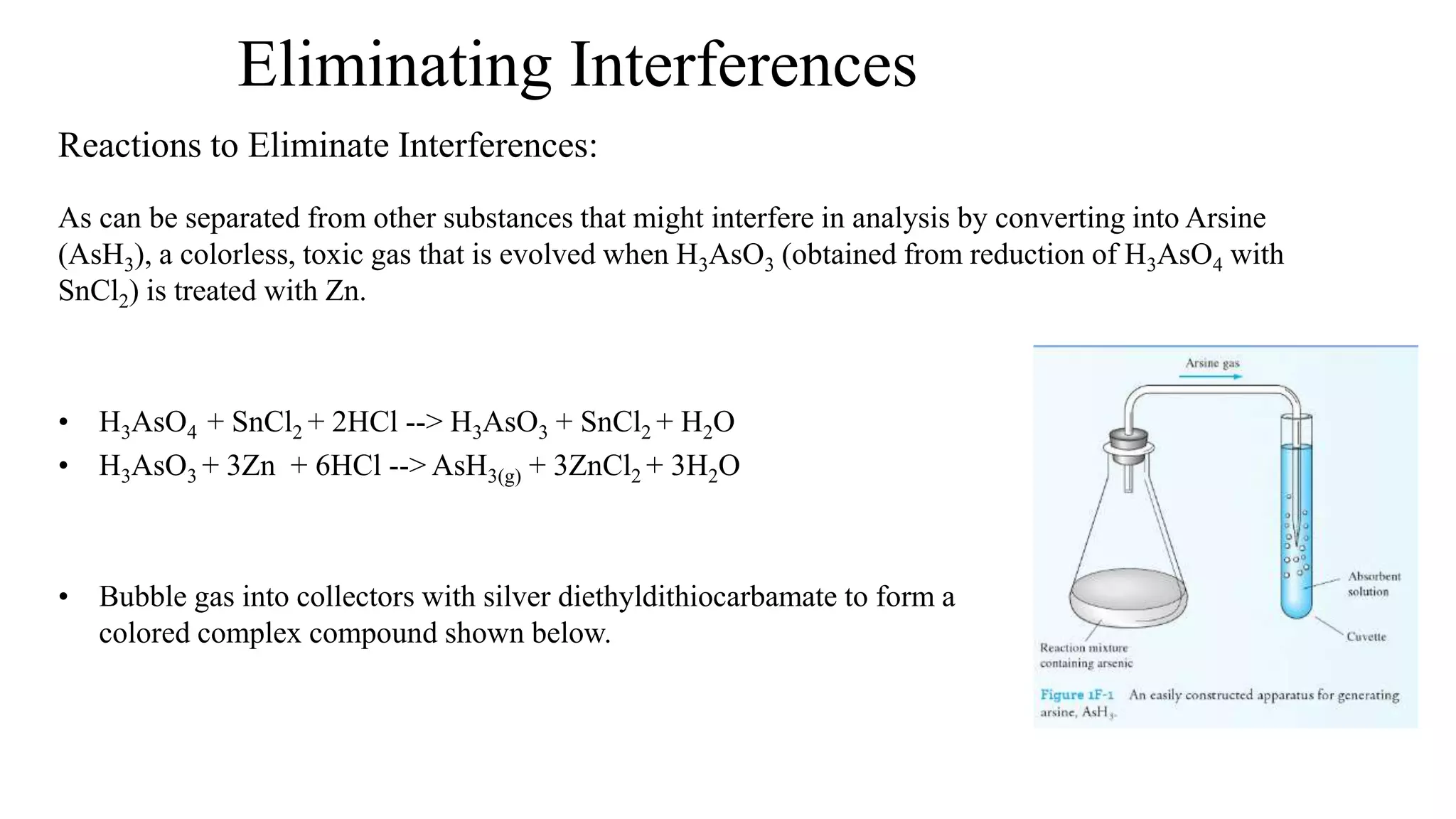 Eliminating Interferences
• H3AsO4 + SnCl2 + 2HCl --> H3AsO3 + SnCl2 + H2O
• H3AsO3 + 3Zn + 6HCl --> AsH3(g) + 3ZnCl2 + 3H2O
• Bubble gas into collectors with silver diethyldithiocarbamate to form a
colored complex compound shown below.
Reactions to Eliminate Interferences:
As can be separated from other substances that might interfere in analysis by converting into Arsine
(AsH3), a colorless, toxic gas that is evolved when H3AsO3 (obtained from reduction of H3AsO4 with
SnCl2) is treated with Zn.
 