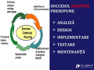SUCCESUL SOLUȚIEI
PRESUPUNE:
 ANALIZĂ
 DESIGN
 IMPLEMENTARE
 TESTARE
 MENTENAN ĂȚ
 