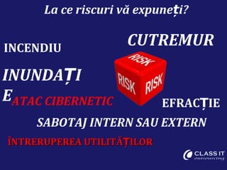 La ce riscuri vă expune i?ț
CUTREMURINCENDIU
INUNDAȚI
EATAC CIBERNETIC
SABOTAJ INTERN SAU EXTERN
ÎÎNTRERUPEREA UTILITNTRERUPEREA UTILITĂȚĂȚILORILOR
EFRAC IEȚ
 