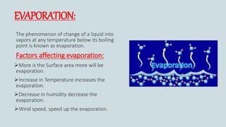 EVAPORATION:
The phenomenon of change of a liquid into
vapors at any temperature below its boiling
point is known as evaporation.
Factors affecting evaporation:
More is the Surface area more will be
evaporation.
Increase in Temperature increases the
evaporation.
Decrease in humidity decrease the
evaporation.
Wind speed, speed up the evaporation.
 