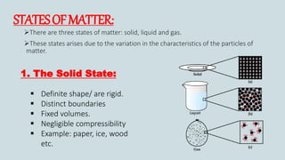 STATESOFMATTER:
There are three states of matter: solid, liquid and gas.
These states arises due to the variation in the characteristics of the particles of
matter.
1. The Solid State:
 Definite shape/ are rigid.
 Distinct boundaries
 Fixed volumes.
 Negligible compressibility
 Example: paper, ice, wood
etc.
 