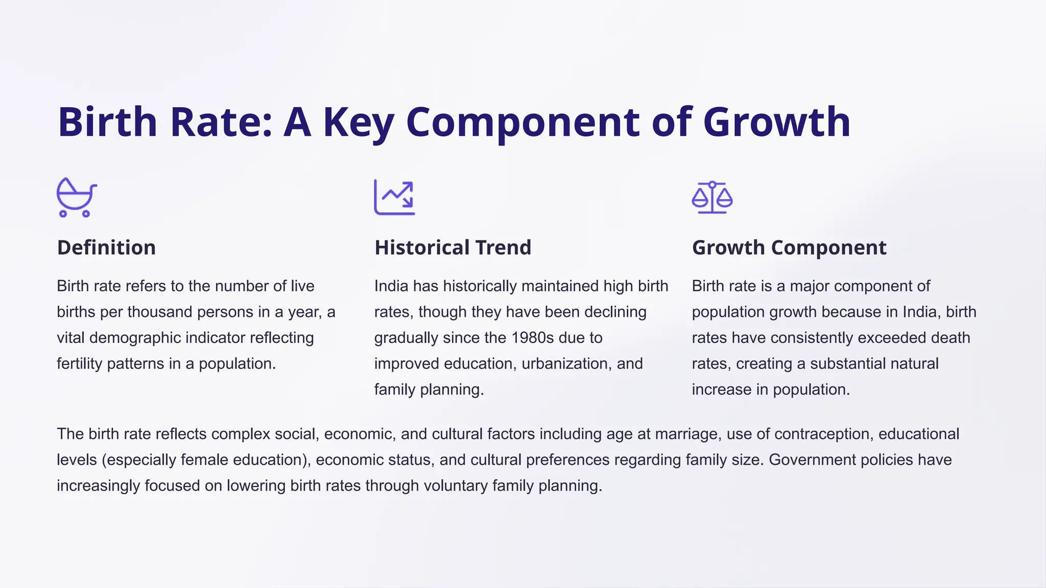 Birth Rate: A Key Component of Growth
Definition
Birth rate refers to the number of live
births per thousand persons in a year, a
vital demographic indicator reflecting
fertility patterns in a population.
Historical Trend
India has historically maintained high birth
rates, though they have been declining
gradually since the 1980s due to
improved education, urbanization, and
family planning.
Growth Component
Birth rate is a major component of
population growth because in India, birth
rates have consistently exceeded death
rates, creating a substantial natural
increase in population.
The birth rate reflects complex social, economic, and cultural factors including age at marriage, use of contraception, educational
levels (especially female education), economic status, and cultural preferences regarding family size. Government policies have
increasingly focused on lowering birth rates through voluntary family planning.
 
