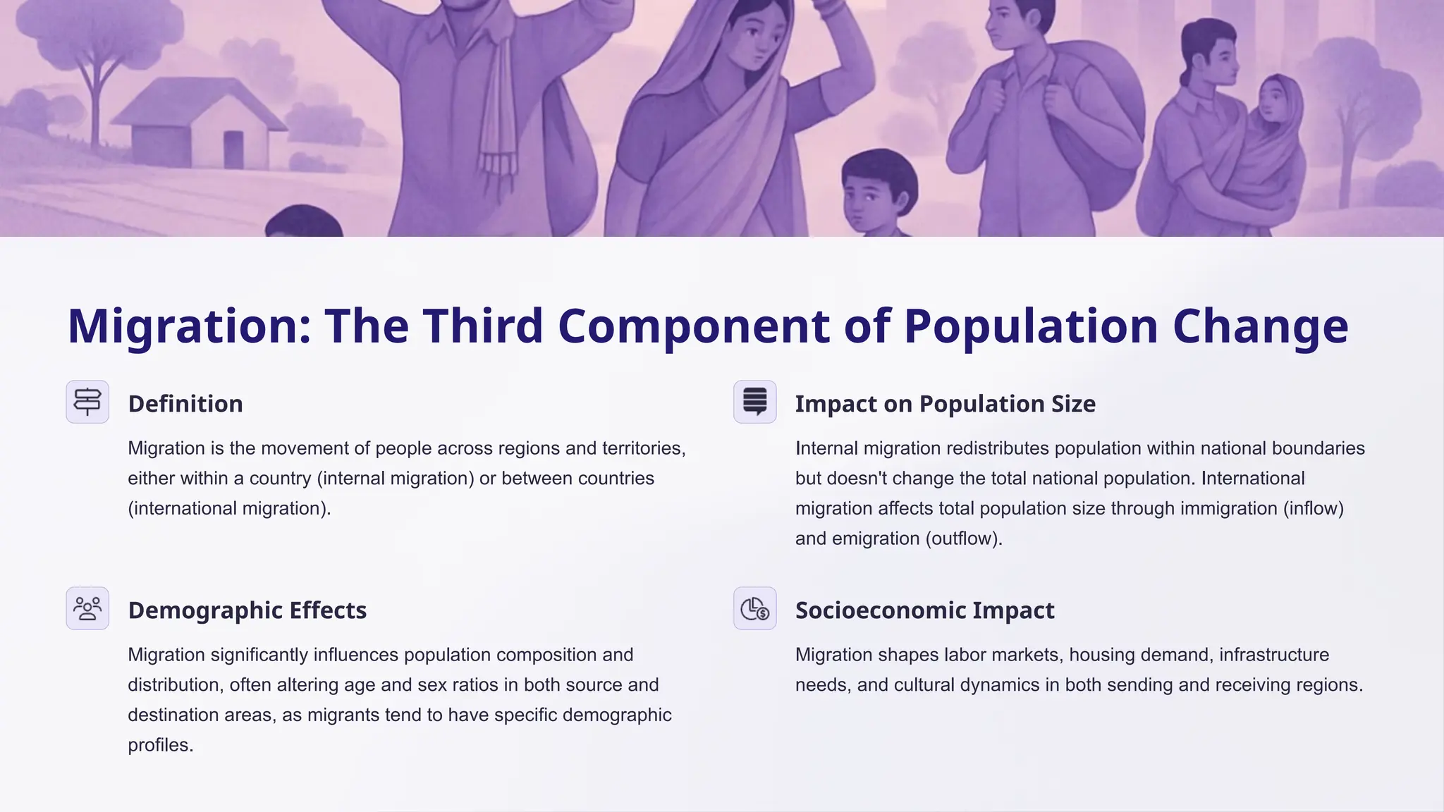Migration: The Third Component of Population Change
Definition
Migration is the movement of people across regions and territories,
either within a country (internal migration) or between countries
(international migration).
Impact on Population Size
Internal migration redistributes population within national boundaries
but doesn't change the total national population. International
migration affects total population size through immigration (inflow)
and emigration (outflow).
Demographic Effects
Migration significantly influences population composition and
distribution, often altering age and sex ratios in both source and
destination areas, as migrants tend to have specific demographic
profiles.
Socioeconomic Impact
Migration shapes labor markets, housing demand, infrastructure
needs, and cultural dynamics in both sending and receiving regions.
 