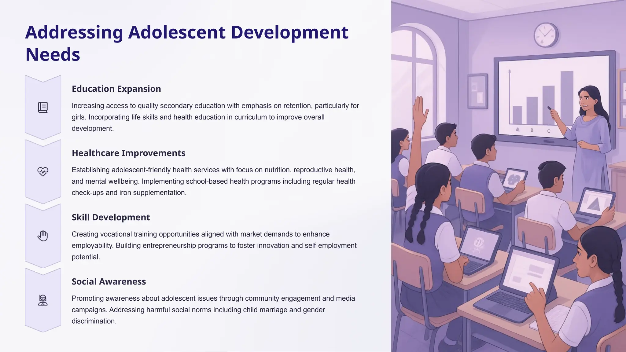 Addressing Adolescent Development
Needs
Education Expansion
Increasing access to quality secondary education with emphasis on retention, particularly for
girls. Incorporating life skills and health education in curriculum to improve overall
development.
Healthcare Improvements
Establishing adolescent-friendly health services with focus on nutrition, reproductive health,
and mental wellbeing. Implementing school-based health programs including regular health
check-ups and iron supplementation.
Skill Development
Creating vocational training opportunities aligned with market demands to enhance
employability. Building entrepreneurship programs to foster innovation and self-employment
potential.
Social Awareness
Promoting awareness about adolescent issues through community engagement and media
campaigns. Addressing harmful social norms including child marriage and gender
discrimination.
 