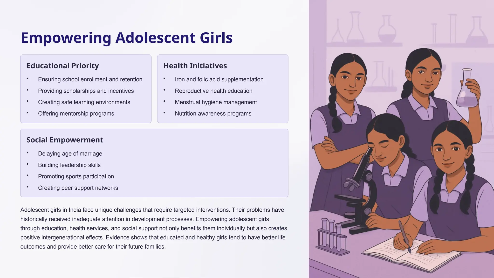 Empowering Adolescent Girls
Educational Priority
• Ensuring school enrollment and retention
• Providing scholarships and incentives
• Creating safe learning environments
• Offering mentorship programs
Health Initiatives
• Iron and folic acid supplementation
• Reproductive health education
• Menstrual hygiene management
• Nutrition awareness programs
Social Empowerment
• Delaying age of marriage
• Building leadership skills
• Promoting sports participation
• Creating peer support networks
Adolescent girls in India face unique challenges that require targeted interventions. Their problems have
historically received inadequate attention in development processes. Empowering adolescent girls
through education, health services, and social support not only benefits them individually but also creates
positive intergenerational effects. Evidence shows that educated and healthy girls tend to have better life
outcomes and provide better care for their future families.
 