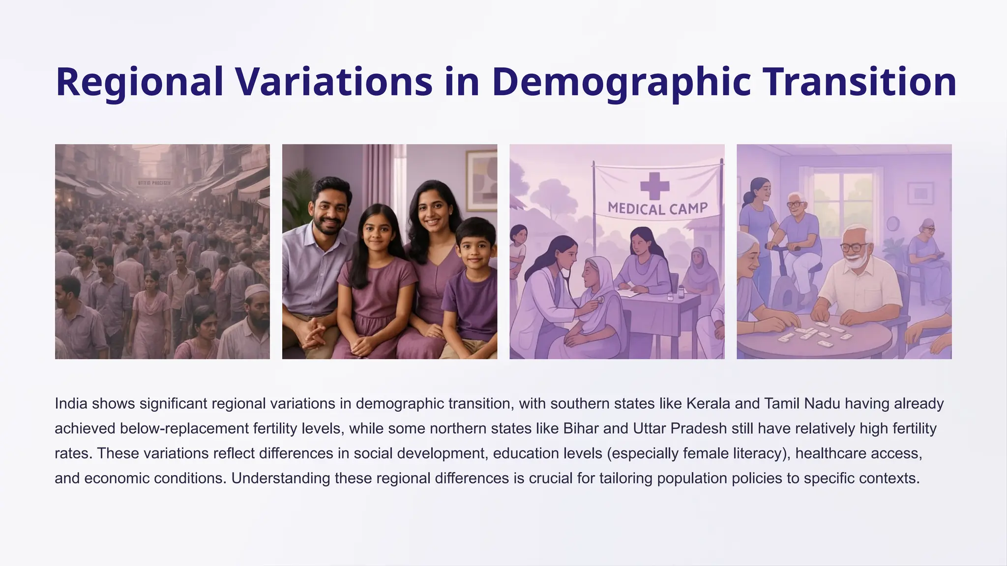 Regional Variations in Demographic Transition
India shows significant regional variations in demographic transition, with southern states like Kerala and Tamil Nadu having already
achieved below-replacement fertility levels, while some northern states like Bihar and Uttar Pradesh still have relatively high fertility
rates. These variations reflect differences in social development, education levels (especially female literacy), healthcare access,
and economic conditions. Understanding these regional differences is crucial for tailoring population policies to specific contexts.
 
