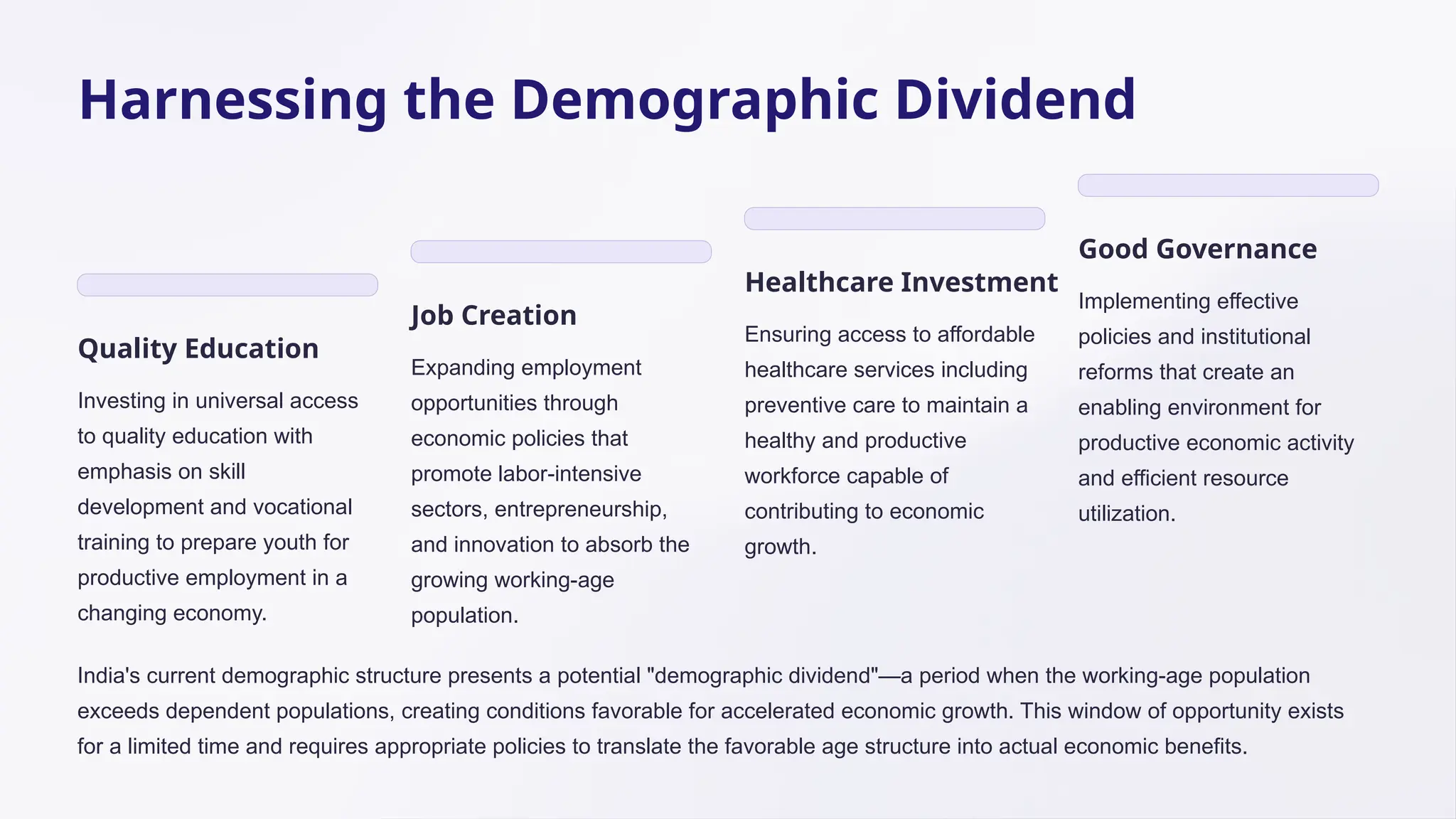 Harnessing the Demographic Dividend
Quality Education
Investing in universal access
to quality education with
emphasis on skill
development and vocational
training to prepare youth for
productive employment in a
changing economy.
Job Creation
Expanding employment
opportunities through
economic policies that
promote labor-intensive
sectors, entrepreneurship,
and innovation to absorb the
growing working-age
population.
Healthcare Investment
Ensuring access to affordable
healthcare services including
preventive care to maintain a
healthy and productive
workforce capable of
contributing to economic
growth.
Good Governance
Implementing effective
policies and institutional
reforms that create an
enabling environment for
productive economic activity
and efficient resource
utilization.
India's current demographic structure presents a potential "demographic dividend"—a period when the working-age population
exceeds dependent populations, creating conditions favorable for accelerated economic growth. This window of opportunity exists
for a limited time and requires appropriate policies to translate the favorable age structure into actual economic benefits.
 