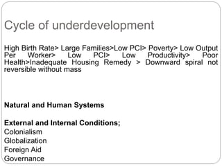 Cycle of underdevelopment
High Birth Rate> Large Families>Low PCI> Poverty> Low Output
Per Worker> Low PCI> Low Productivity> Poor
Health>Inadequate Housing Remedy > Downward spiral not
reversible without mass
Natural and Human Systems
External and Internal Conditions;
Colonialism
Globalization
Foreign Aid
Governance
 