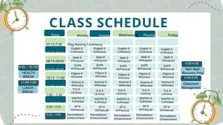 CLASS SCHEDULE
Time Monday Tuesday Wednesday Thursday Friday
07:15-7:30 Flag Raising Ceremony
07:30-08:15
08:15-09:00
09:00-09:45
10;15 -11:00
11:00-11:45
1:00 – 1:45
1:45-2;30
2:30 – 3:15
3:15 – 4:00 Remediation/
Enhancement
English 8
VJVentura
English 8
VJVentura
English 8
VJVentura
English 8
VJVentura
English 8
VJVentura
Math 8
ATArquiza
Math 8
ATArquiza
Math 8
ATArquiza
Math 8
ATArquiza
Math 8
ATArquiza
EsP8
AVPascual
EsP8
AVPascual
EsP8
AVPascual
EsP8
AVPascual
EsP8
AVPascual
9:45 – 10:15v
HEALTH
BREAK
Filipino 8
ROmnes
Filipino 8
ROmnes
Filipino 8
ROmnes
Filipino 8
ROmnes
Filipino 8
ROmnes
Science 8
MINicolas
Science 8
MINicolas
Science 8
MINicolas
Science 8
MINicolas
Science 8
MINicolas
11:45-1:00
LUNCH
BREAK
TLE 8
LEncina
TLE 8
LEncina
TLE 8
LEncina
TLE 8
LEncina
TLE 8
LEncina
MAPEH 8
KJPiedad
MAPEH 8
KJPiedad
MAPEH 8
KJPiedad
MAPEH 8
KJPiedad
MAPEH 8
KJPiedad
AP 8
AVPascual
AP 8
AVPascual
AP 8
AVPascual
AP 8
AVPascual
AP 8
AVPascual
Remediation/
Enhancement
Remediation/
Enhancement
Remediation/
Enhancement
Remediation/
Enhancement
4:00-4:30
4:30-5:00
Nat’l Math
Recovery Prog
Classroom
Management
 