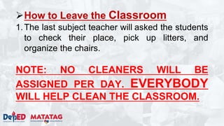How to Leave the Classroom
1.The last subject teacher will asked the students
to check their place, pick up litters, and
organize the chairs.
NOTE: NO CLEANERS WILL BE
ASSIGNED PER DAY. EVERYBODY
WILL HELP CLEAN THE CLASSROOM.
 
