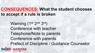 CONSEQUENCES: What the student chooses
to accept if a rule is broken
Warning (1st 2nd 3rd)
Conference with teacher
Telephone/Note to parents
Conference with parents
Prefect of Discipline / Guidance Counselor
 