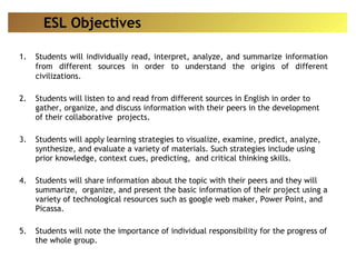 Students will individually read, interpret, analyze, and summarize information from different sources in order to understand the origins of different civilizations. Students will listen to and read from different sources in English in order to gather, organize, and discuss information with their peers in the development of their collaborative  projects. Students will apply learning strategies to visualize, examine, predict, analyze, synthesize, and evaluate a variety of materials. Such strategies include using prior knowledge, context cues, predicting,  and critical thinking skills. Students will share information about the topic with their peers and they will summarize,  organize, and present the basic information of their project using a variety of technological resources such as google web maker, Power Point, and Picassa. Students will note the importance of individual responsibility for the progress of the whole group. ESL Objectives 