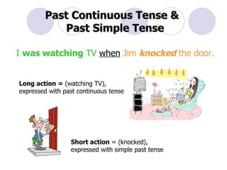 Past Continuous Tense &   Past Simple Tense I  was watching  TV   when   Jim  knocked   the door.  Long action =  (watching TV),  expressed with past continuous tense Short action  = (knocked),  expressed with simple past tense 