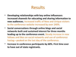 Results Developing relationships with key online influencers increased channels for educating and sharing information to new audiences.  Increased traffic of New and Unique visitors to the conference website increased by over 240%. Social conversations through online blogs and social networks built and sustained interest for three months leading up to the conference event.  Steady increase in new follows and likes on social networks and use of conference hastag—peaked on the last day of the conference. Increase in conference participants by 60%. First time ever to have out of state registrants. 