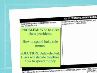 PROBLEM: Who to elect
   class president.

 How to spend bake sale
         money

SOLUTION: Julio elected.
Class will decide together
  how to spend money
 