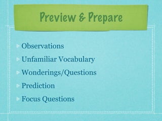 Preview & Prepare

Observations
Unfamiliar Vocabulary
Wonderings/Questions
Prediction
Focus Questions
 