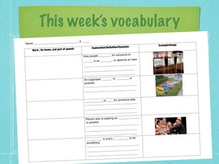 This week’s vocabulary
                          _________ # _____
Name ____________________
                                                                                          Example/Image
                                     ech         Explanation/Definition/Synonym
    Word , its forms, and part of spe
                                                                         one to
                                           How people ________ for some
                                                                       prove an idea
                                           ______ in an ________ or ap
                                                                      _____________
                                           ________________________
                                                                       _____________
                                           ___________________________
                                                                       _____________
                                           ___________________________
                                                                        _____a
                                           An organized _______ to ____
                                           purpose.                            ___
                                           __________ ________________________
                                                                          _____________
                                            ___________________________


                                                                              one else.
                                            ____________or ____ for some
                                                                      _____________
                                            ________________________
                                                                        _____________
                                            ___________________________
                                                                        _____________
                                            ___________________________
                                                                         ___, ______
                                            Person who is seeking an ____
                                            or position.                      _____
                                                                        ________
                                             ________________________
                                                                         _____________
                                             ___________________________
                                                                         _____________
                                             ___________________________
                                                                               __ to do
                                             __________ in oneʼs ________
                                             something.
                                                                        _____________
                                             ________________________
                                                                         _____________
                                             ___________________________
                                                                         _____________
                                             ___________________________
 