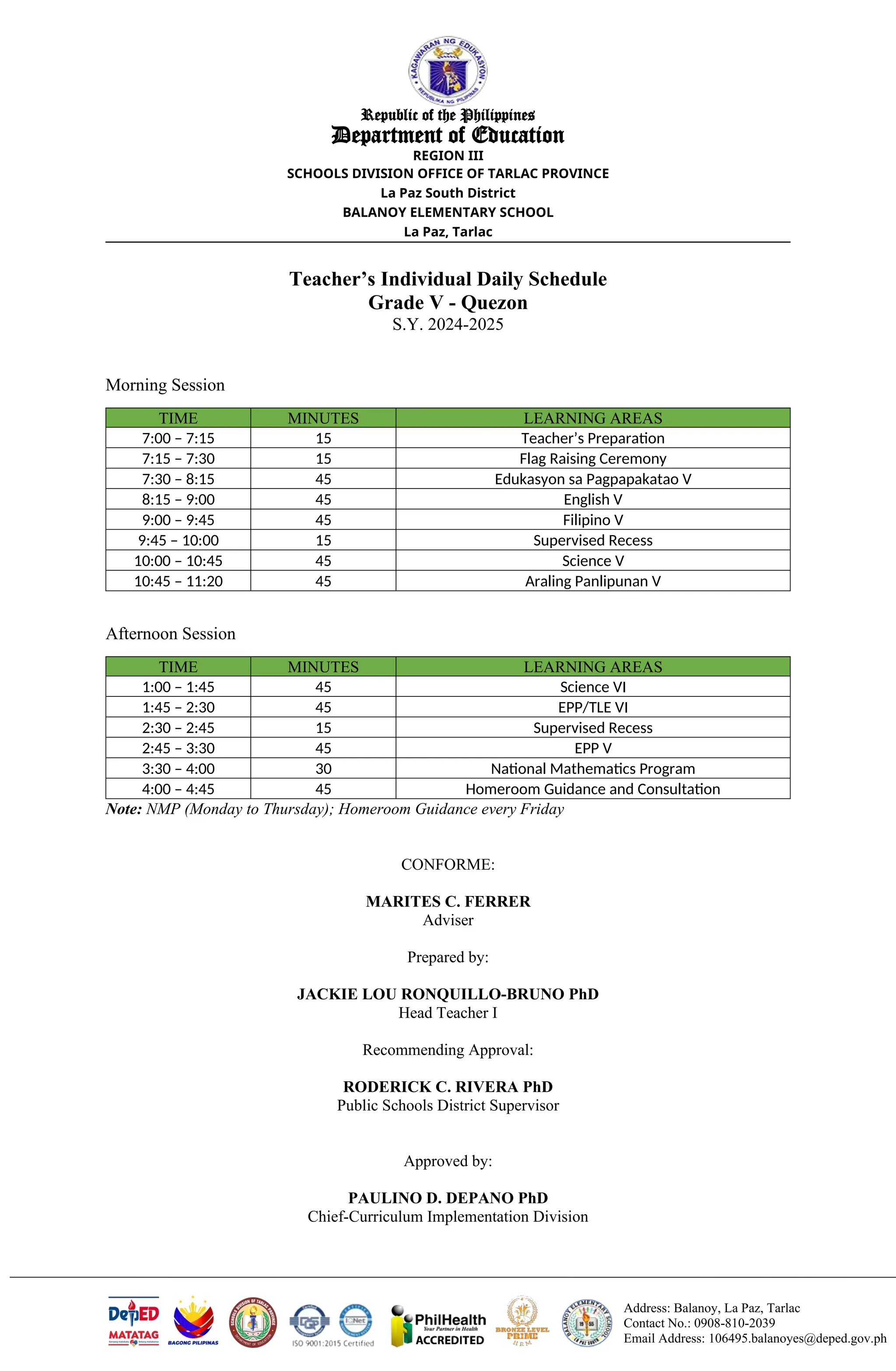 Address: Balanoy, La Paz, Tarlac
Contact No.: 0908-810-2039
Email Address: 106495.balanoyes@deped.gov.ph
Republic of the Philippines
Department of Education
REGION III
SCHOOLS DIVISION OFFICE OF TARLAC PROVINCE
La Paz South District
BALANOY ELEMENTARY SCHOOL
La Paz, Tarlac
Teacher’s Individual Daily Schedule
Grade V - Quezon
S.Y. 2024-2025
Morning Session
TIME MINUTES LEARNING AREAS
7:00 – 7:15 15 Teacher’s Preparation
7:15 – 7:30 15 Flag Raising Ceremony
7:30 – 8:15 45 Edukasyon sa Pagpapakatao V
8:15 – 9:00 45 English V
9:00 – 9:45 45 Filipino V
9:45 – 10:00 15 Supervised Recess
10:00 – 10:45 45 Science V
10:45 – 11:20 45 Araling Panlipunan V
Afternoon Session
TIME MINUTES LEARNING AREAS
1:00 – 1:45 45 Science VI
1:45 – 2:30 45 EPP/TLE VI
2:30 – 2:45 15 Supervised Recess
2:45 – 3:30 45 EPP V
3:30 – 4:00 30 National Mathematics Program
4:00 – 4:45 45 Homeroom Guidance and Consultation
Note: NMP (Monday to Thursday); Homeroom Guidance every Friday
CONFORME:
MARITES C. FERRER
Adviser
Prepared by:
JACKIE LOU RONQUILLO-BRUNO PhD
Head Teacher I
Recommending Approval:
RODERICK C. RIVERA PhD
Public Schools District Supervisor
Approved by:
PAULINO D. DEPANO PhD
Chief-Curriculum Implementation Division
 